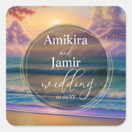 Lebhafte Beach Background Imitate Glitzer Hochzeit Quadratischer Aufkleber