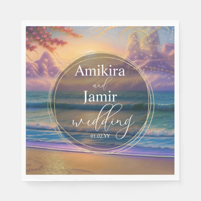 Lebhafte Beach Background Imitate Glitzer Hochzeit Serviette (Vorderseite)