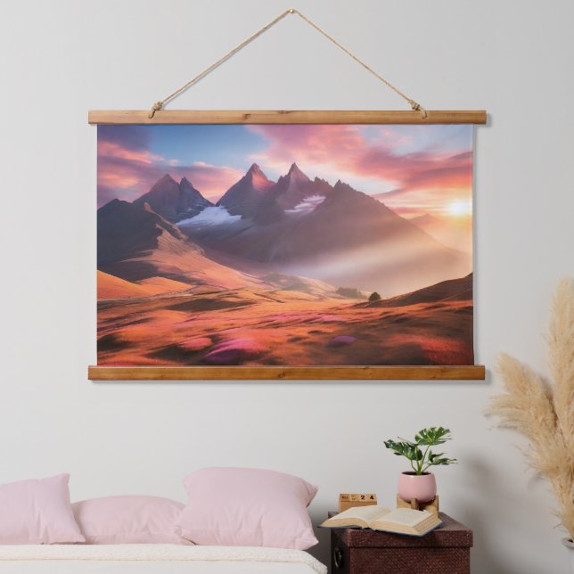 Lebhafte Berg- und Flusslandschaft Wandteppich Mit Holzrahmen (Schlafzimmer)