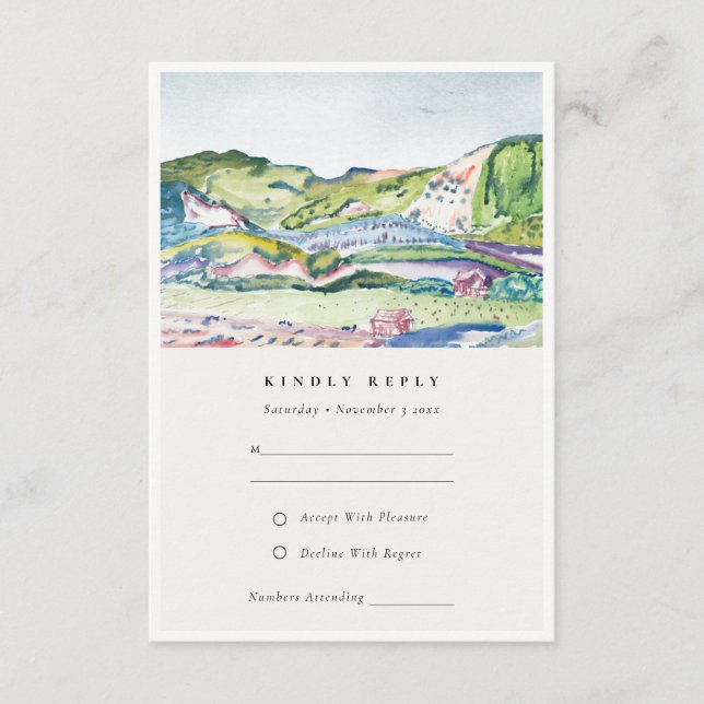 Lebhafte Berglandschaft Blush Green Wedding RSVP Begleitkarte (Vorderseite)
