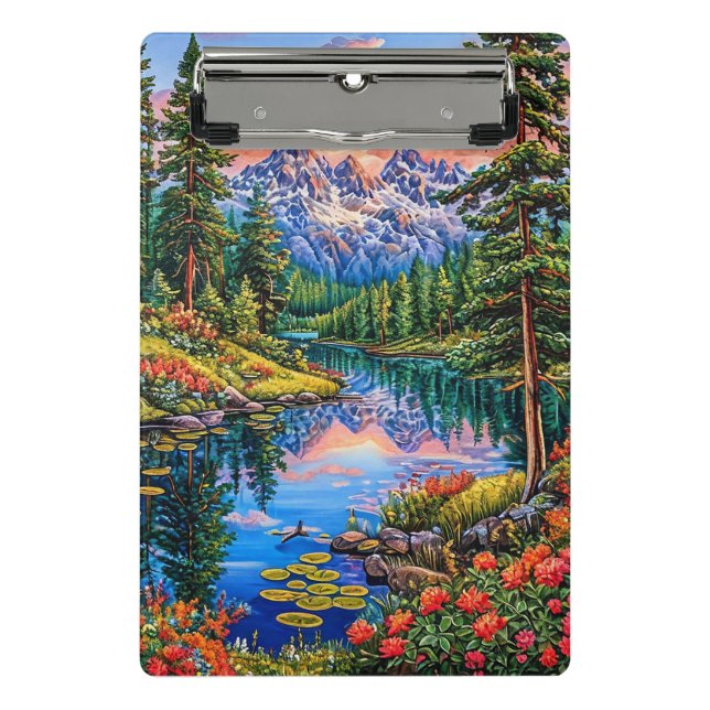 Lebhafte Berglandschaft mit Reflektion Mini Klemmbrett (Vorderseite)