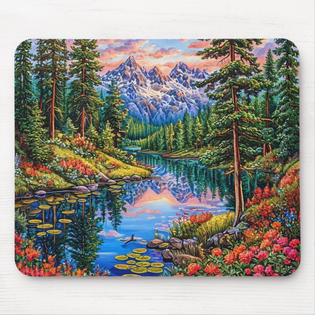 Lebhafte Berglandschaft mit Reflektion Mousepad (Vorne)