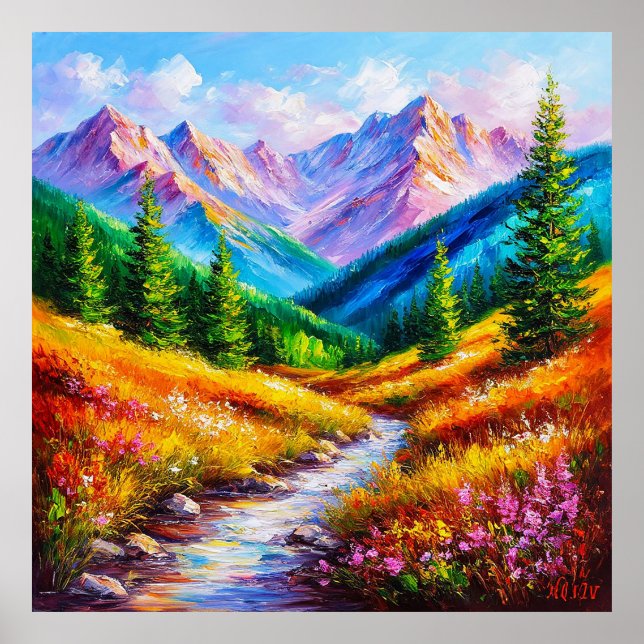 Lebhafte Berglandschaft mit Stream, Wildblume Poster (Vorne)