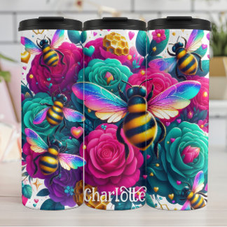 Lebhafte Bienen: Regenbogenflügel, Aquamarine Rose Thermosbecher