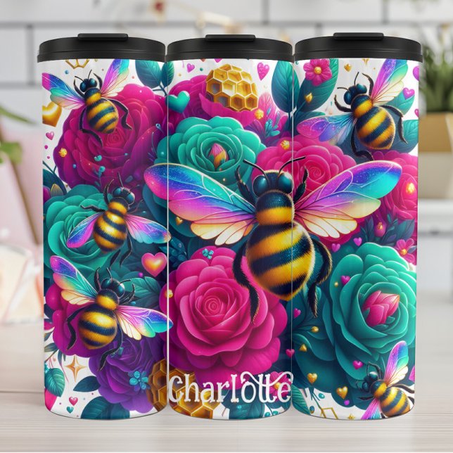 Lebhafte Bienen: Regenbogenflügel, Aquamarine Rose Thermosbecher (Von Creator hochgeladen)