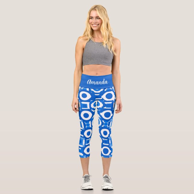 Lebhafte Blaue Geometrie Hochwaiste Leggings (Vorderseite)
