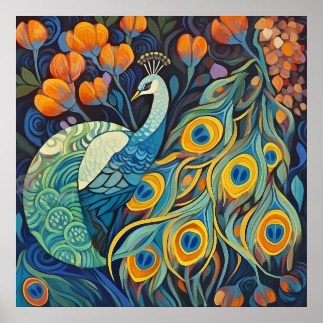 Lebhafte Blauwasserfarbe Peacock Poster (Vorne)