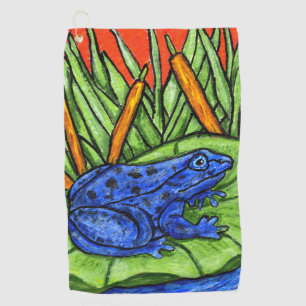 Lebhafte Blue Frog Black Spots Lily Pad Reeds Golfhandtuch