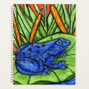 Lebhafte Blue Frog Spots auf Lily Pad Reed Pflanze Planer