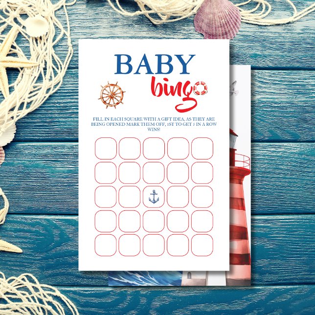 Lebhafte Blue Red Nautical Baby Shower Bingo Card (Von Creator hochgeladen)