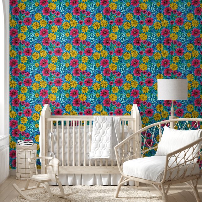 Lebhafte Blume Rosa Gelb Blau Liebliches Muster Tapete (Kinder)