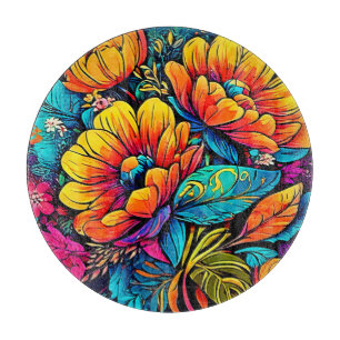 Lebhafte Blumenfantasie in kühlen Farben Schneidebrett