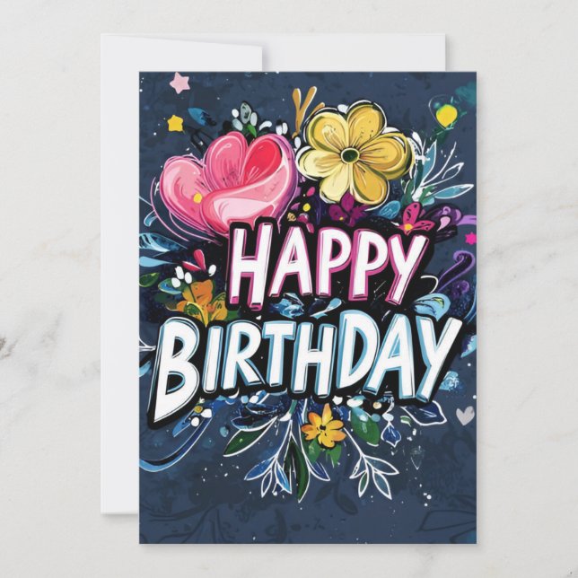 Lebhafte Blumengraffiti am dunklen Blauen Geburtst Einladung (Vorderseite)
