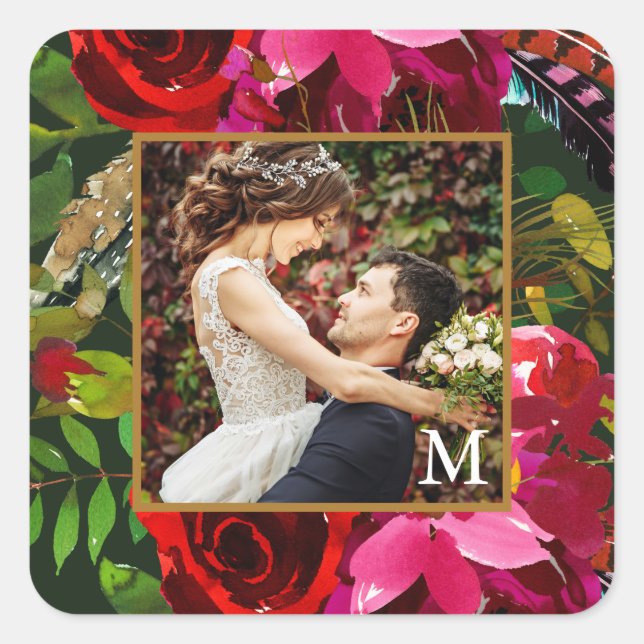 Lebhafte Blüte mit Monogram Foto Weihnachten Quadratischer Aufkleber (Vorderseite)