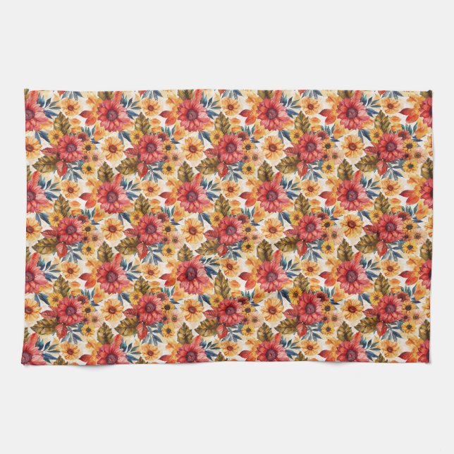 Lebhafte Blüte mit Sonnenblumen und Blätter Geschirrtuch (Horizontal)
