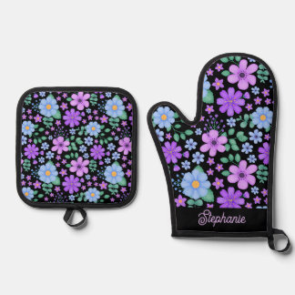 Lebhafte Blütenblauer Lila Violett Personalisiert Ofenhandschuh & Topflappen-Set