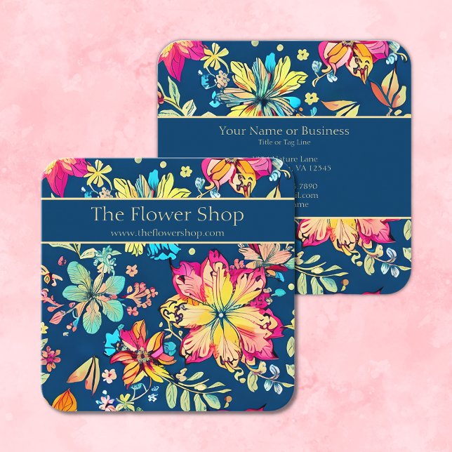 Lebhafte Boho Bohemische Blume Quadratische Visitenkarte (Front and Back - Vibrant Boho Floral Bohemian Flower Square Business Card)