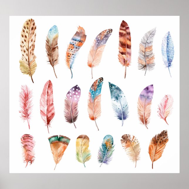 Lebhafte Boho Feathers: Aquarellbilder Poster (Vorne)