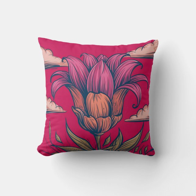 Lebhafte botanische Illustration mit Rosa und Oran Kissen (Vorderseite)
