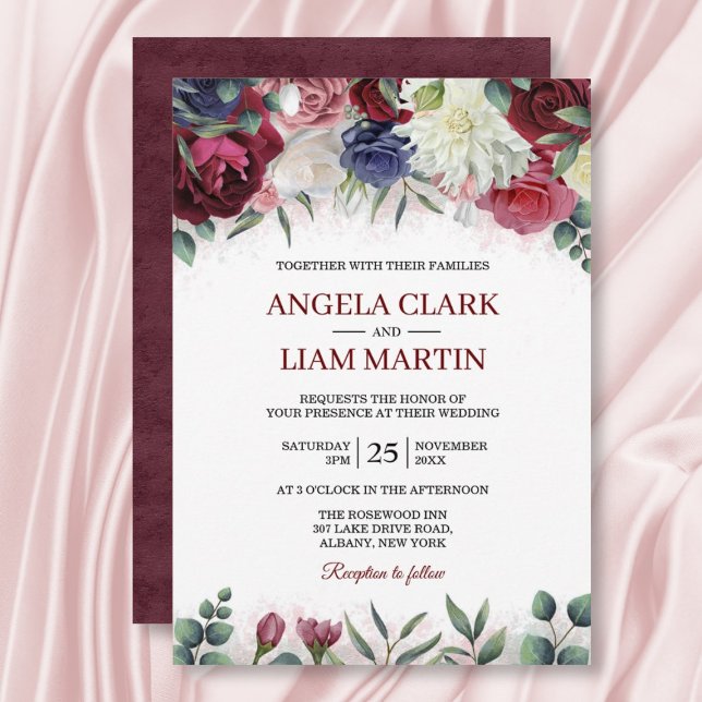 Lebhafte burgundy Marsala Navy Pink Floral Wedding Einladung (Von Creator hochgeladen)