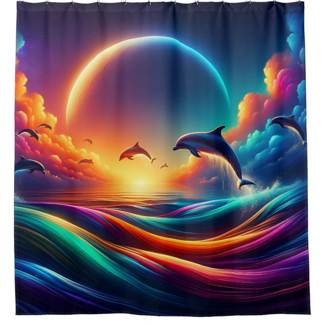 "Lebhafte Dolphin Fantasy - Surreal Ocean Art" Duschvorhang (Vorderseite)
