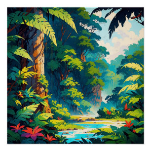Lebhafte Dschungeloase Tropischer Wasserfall Lands Poster