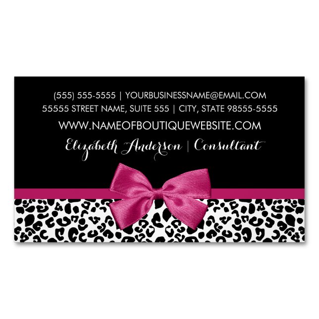Lebhafte dunkelrosa Bow Leopard Boutique Magnetische Visitenkarte (Vorderseite)