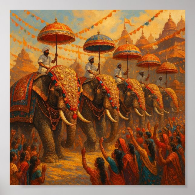 Lebhafte Elefantenparade - Traditionelle Szene Poster (Vorne)