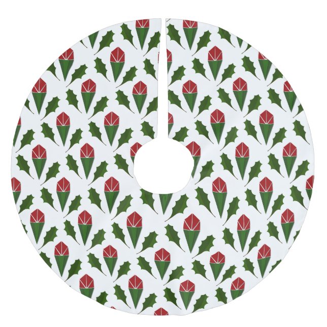 Lebhafte Elegante Rote Rosen und grünes Holly-Must Polyester Weihnachtsbaumdecke (Vorderseite)