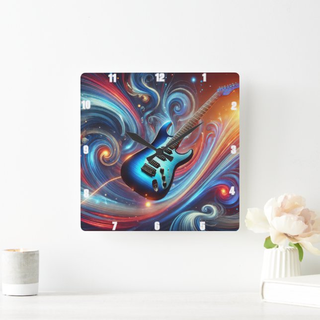 Lebhafte elektrische Gitarre inmitten eines Abstra Quadratische Wanduhr (Zuhause)