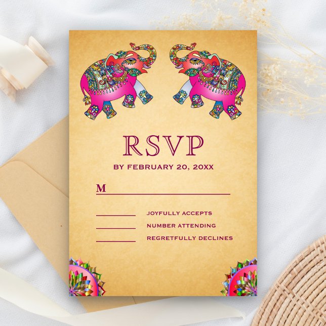 Lebhafte ethnische Elefanten, indische Hochzeit RSVP Karte (Von Creator hochgeladen)