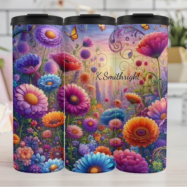 Lebhafte Fantasy-Blume Meadow Sunset Thermosbecher (Von Creator hochgeladen)