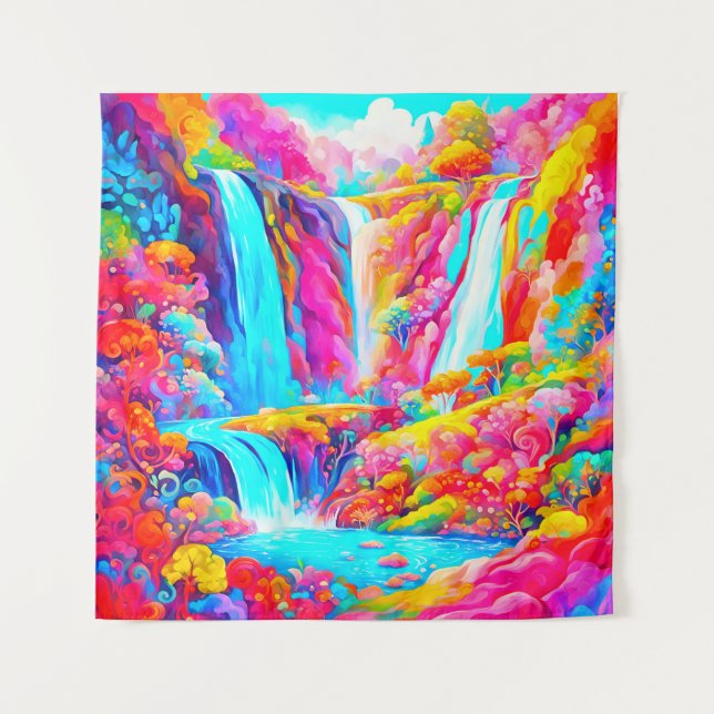 Lebhafte Fantasy-Wasserfälle in Candyland Wandteppich (Vorderseite)