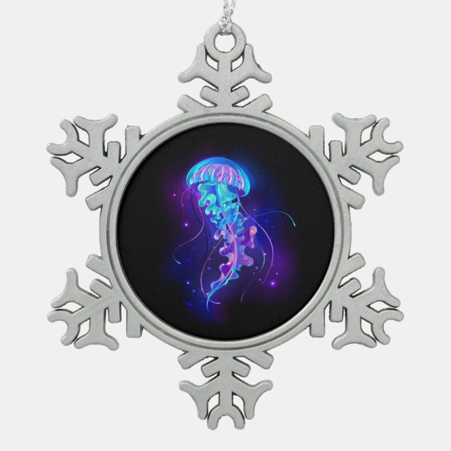 Lebhafte Farbe leuchtende Qualle Schneeflocken Zinn-Ornament (Vorderseite)