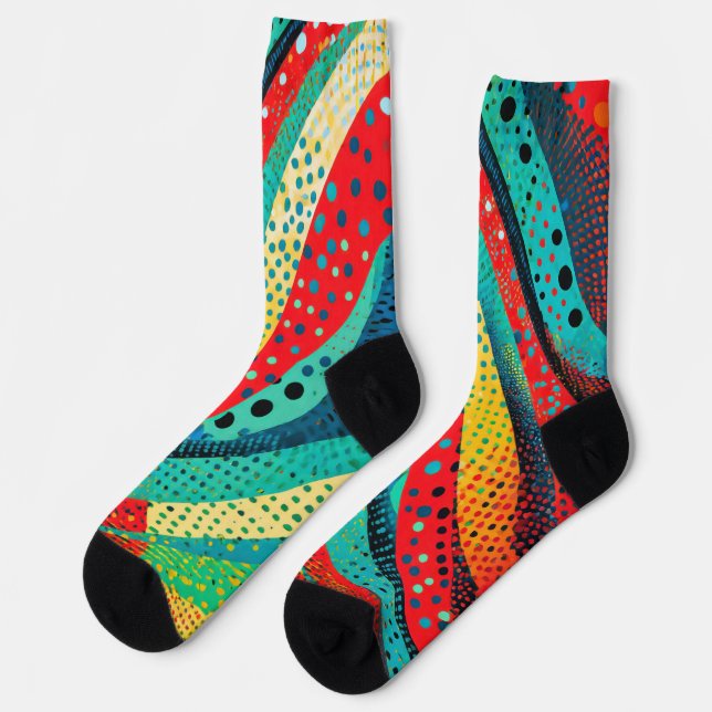 Lebhafte Farben und Muster in kurvenförmigen Forme Socken (Linkes Detail)