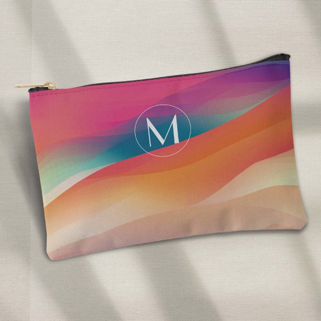 Lebhafte, farbenfrohe abstrakte Monogramm Zubehörtasche (Abstract colorful, simple modern monogram accessory pouch.)