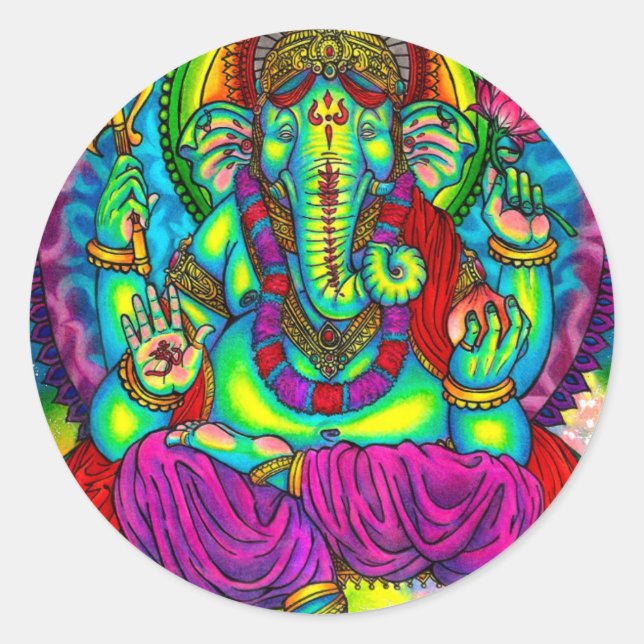 Lebhafte farbenfrohe Ganesh-Malerei Runder Aufkleber (Vorderseite)
