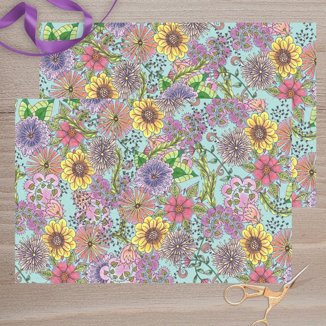 Lebhafte farbenfrohe Kunstdoodle Spring Florals Seidenpapier (Von Creator hochgeladen)