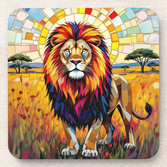 Lebhafte farbenfrohe Lion Mosaik Getränkeuntersetzer (Vorderseite)
