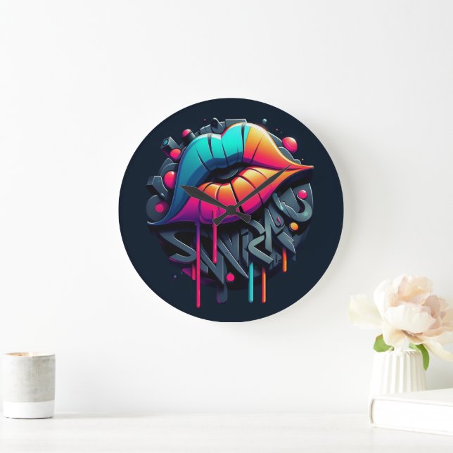 Lebhafte, farbenfrohe Lippen im Graffiti-Stil Große Wanduhr (Zuhause)