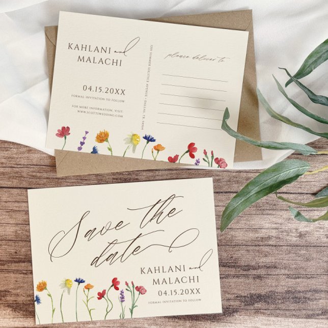 Lebhafte farbenfrohe Wildblume Moderne Hochzeit Save The Date (Von Creator hochgeladen)