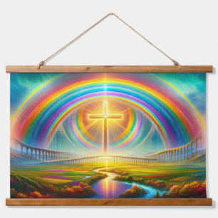 Lebhafte farbenprächtige Landschaft mit Regenbogen Wandteppich Mit Holzrahmen