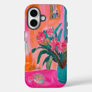 Lebhafte, fauvistische Vase rosafarbener Blume iPhone 16 Hülle