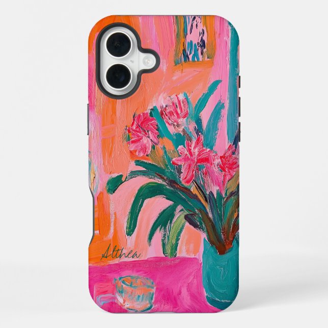 Lebhafte, fauvistische Vase rosafarbener Blume iPhone 16 Plus Hülle (Rückseite)