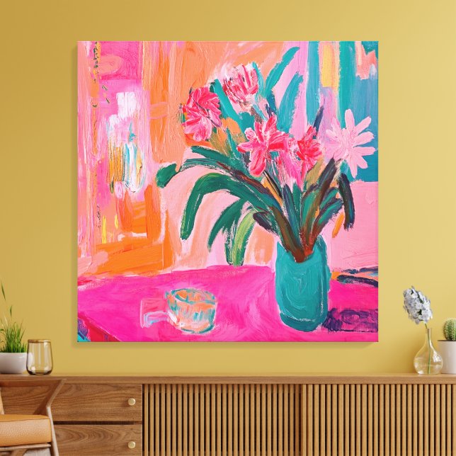 Lebhafte, fauvistische Vase rosafarbener Blume Leinwanddruck (Insitu (Wohnzimmer))