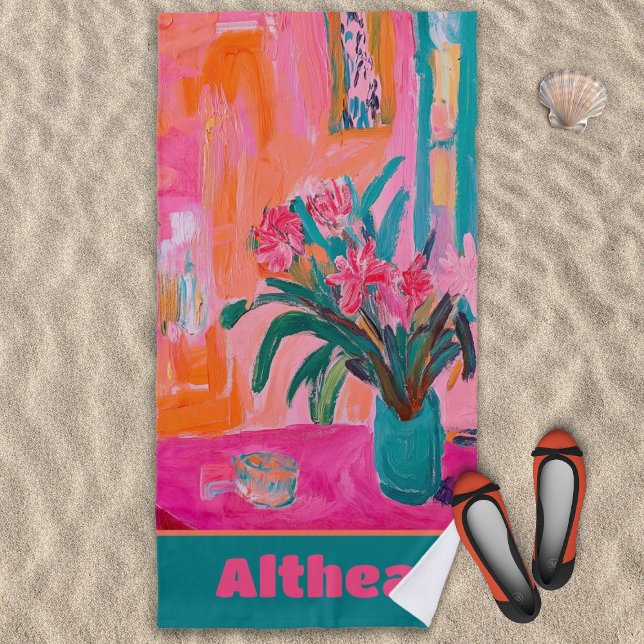Lebhafte, fauvistische Vase rosafarbener Blume Strandtuch (Von Creator hochgeladen)