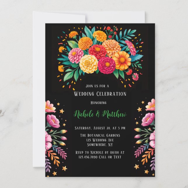Lebhafte Fiesta Floral Bouquet Hochzeitsfeier Einladung (Vorderseite)