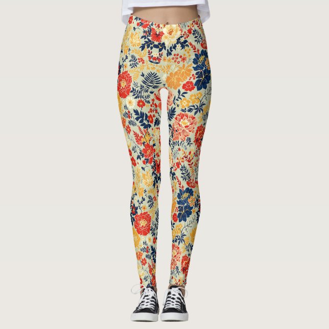 Lebhafte Flora rot, gelb und blau auf weiß Leggings (Vorderseite)
