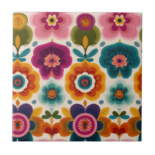 Lebhafte Folk Art Blume 70er Retro Blumenmuster Fliese