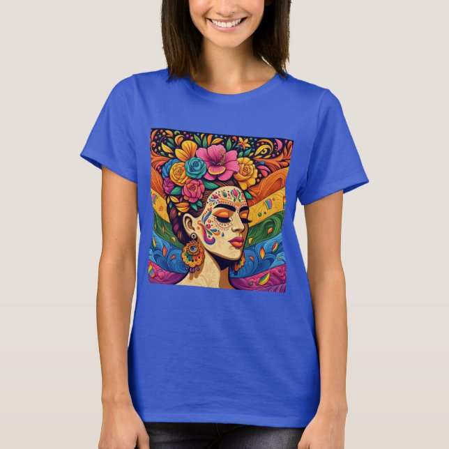 Lebhafte Frau mit Blume im T - Shirt (Vorderseite)
